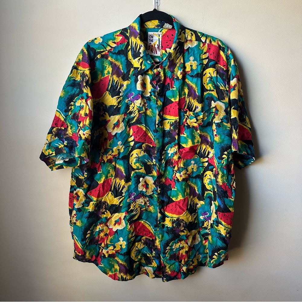 Vintage On The Brink Men’s Colorful Watermelon  Button Down Shirt 100% Silk Sz L